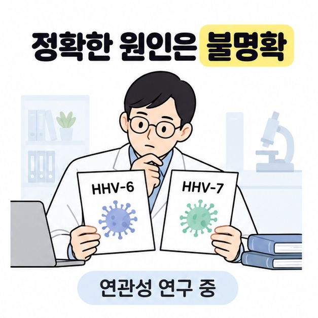 연구자가 HHV-6과 HHV-7 자료를 검토하며 정확한 원인은 불명확하고 연관성을 연구 중임을 설명하는 그림