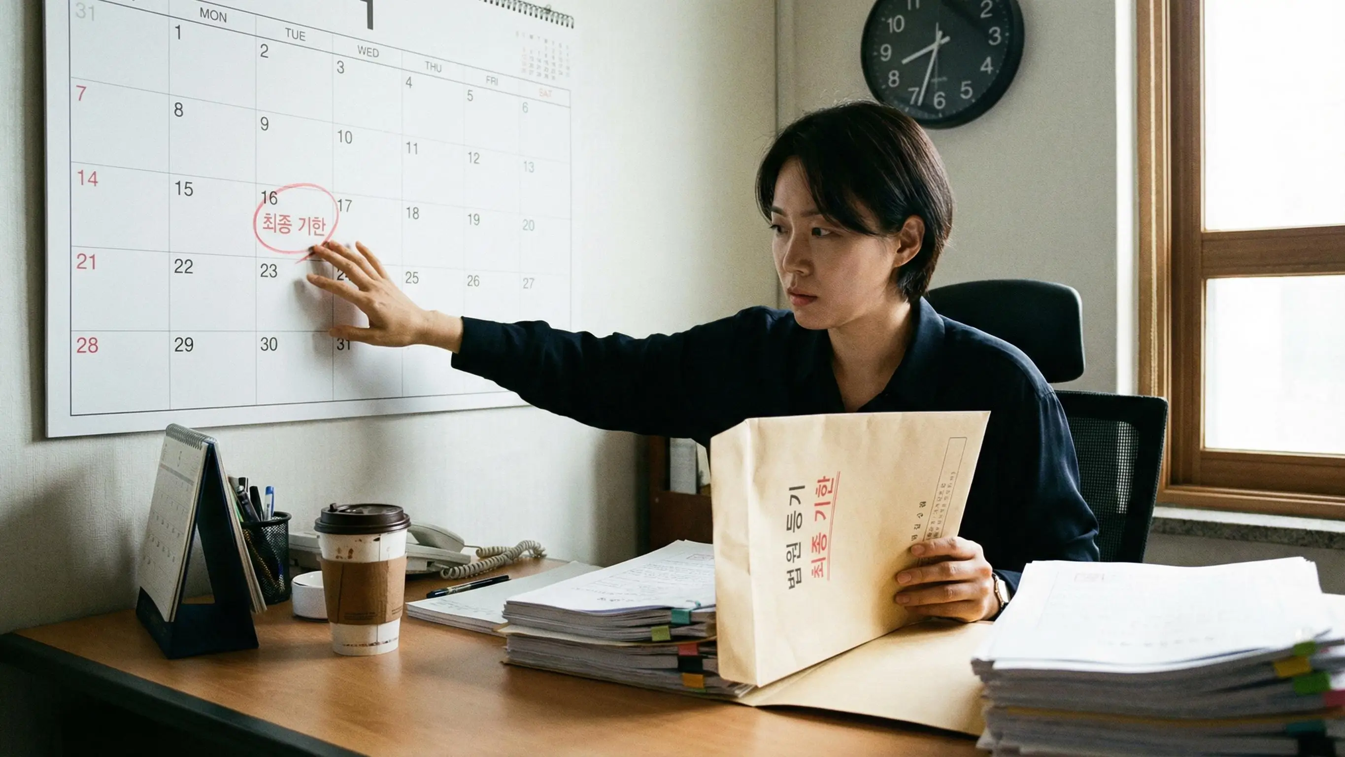 달력의 2주 마감일을 체크하며 법원 등기 서류에 대응하는 긴박하지만 침착한 모습