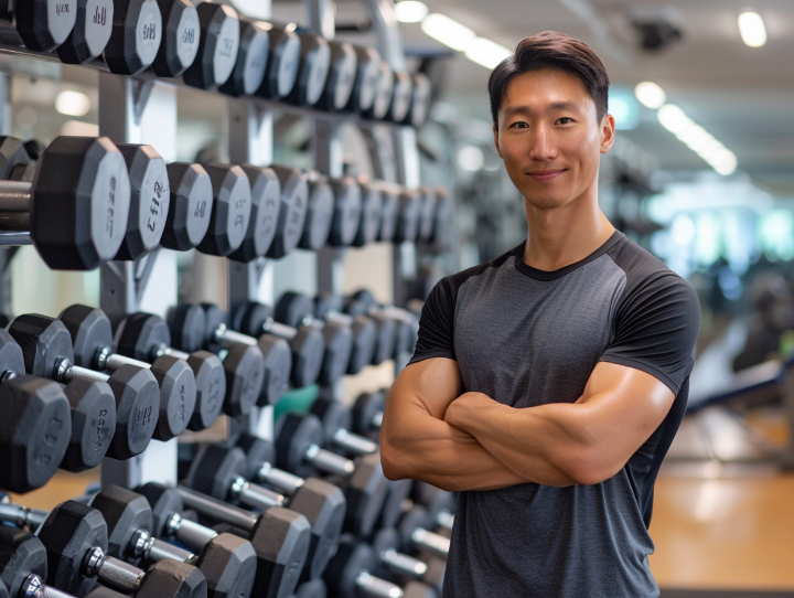 다양한 무게의 덤벨이 가지런히 정돈된 헬스장 선반. 운동 후 만족스러운 표정의 남성.