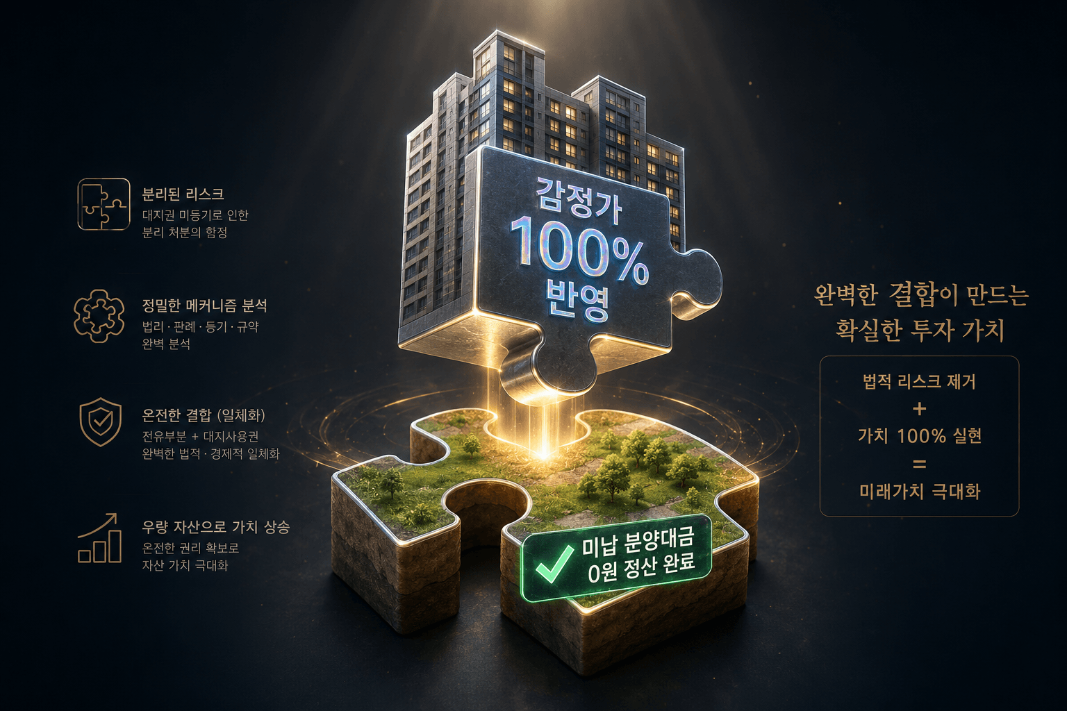 대지권 미등기라는 &lsquo;분리된 리스크&rsquo;를 정밀한 메커니즘 분석을 통해 온전한 &lsquo;우량 자산&rsquo;으로 결합해 내는 투자 가치의 상승을 감각적이고 미래지향적으로 시각화한 이미지