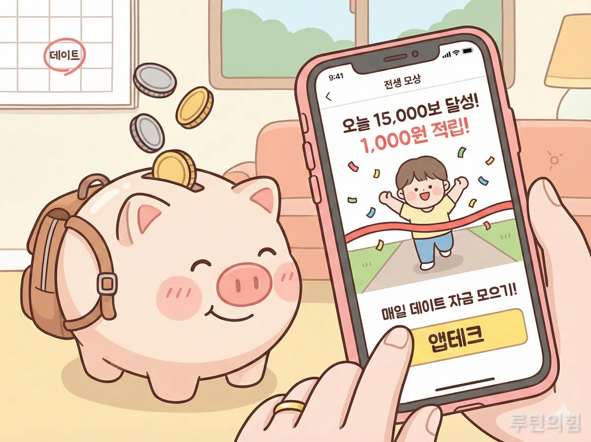 앱테크와 소액 저축을 상징하는 귀여운 돼지 저금통과 만보기 앱 화면