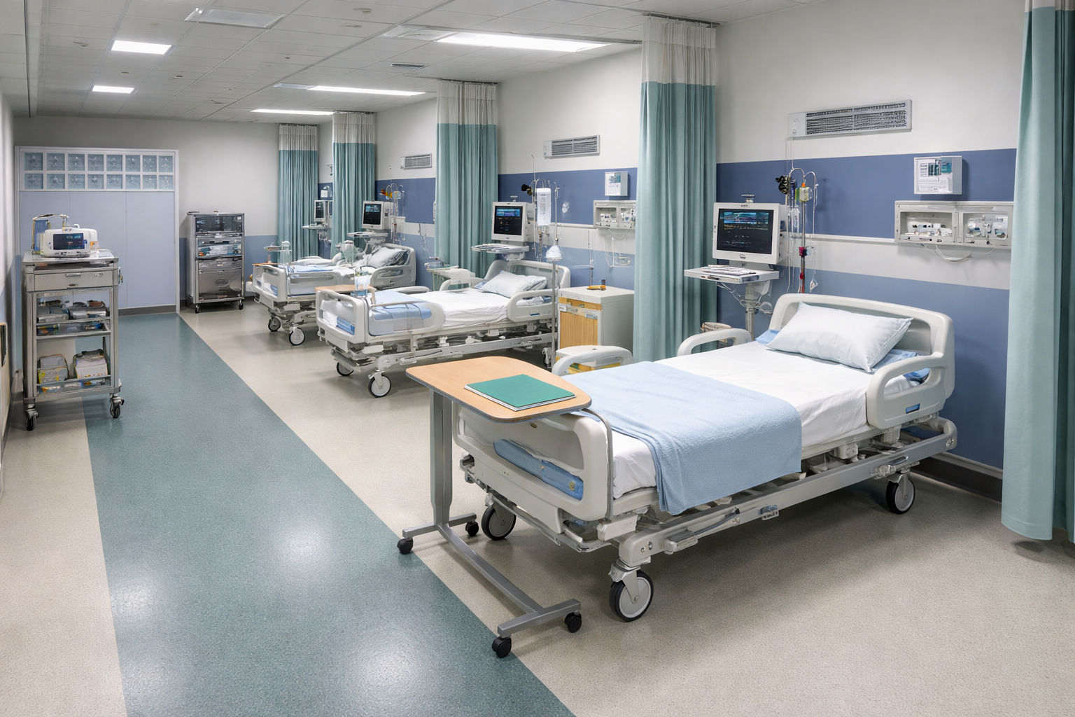 한국 병원 응급실에서 검사 전 환자 상태를 평가하는 관찰 병상과 기본 모니터 장비가 있는 진료 공간