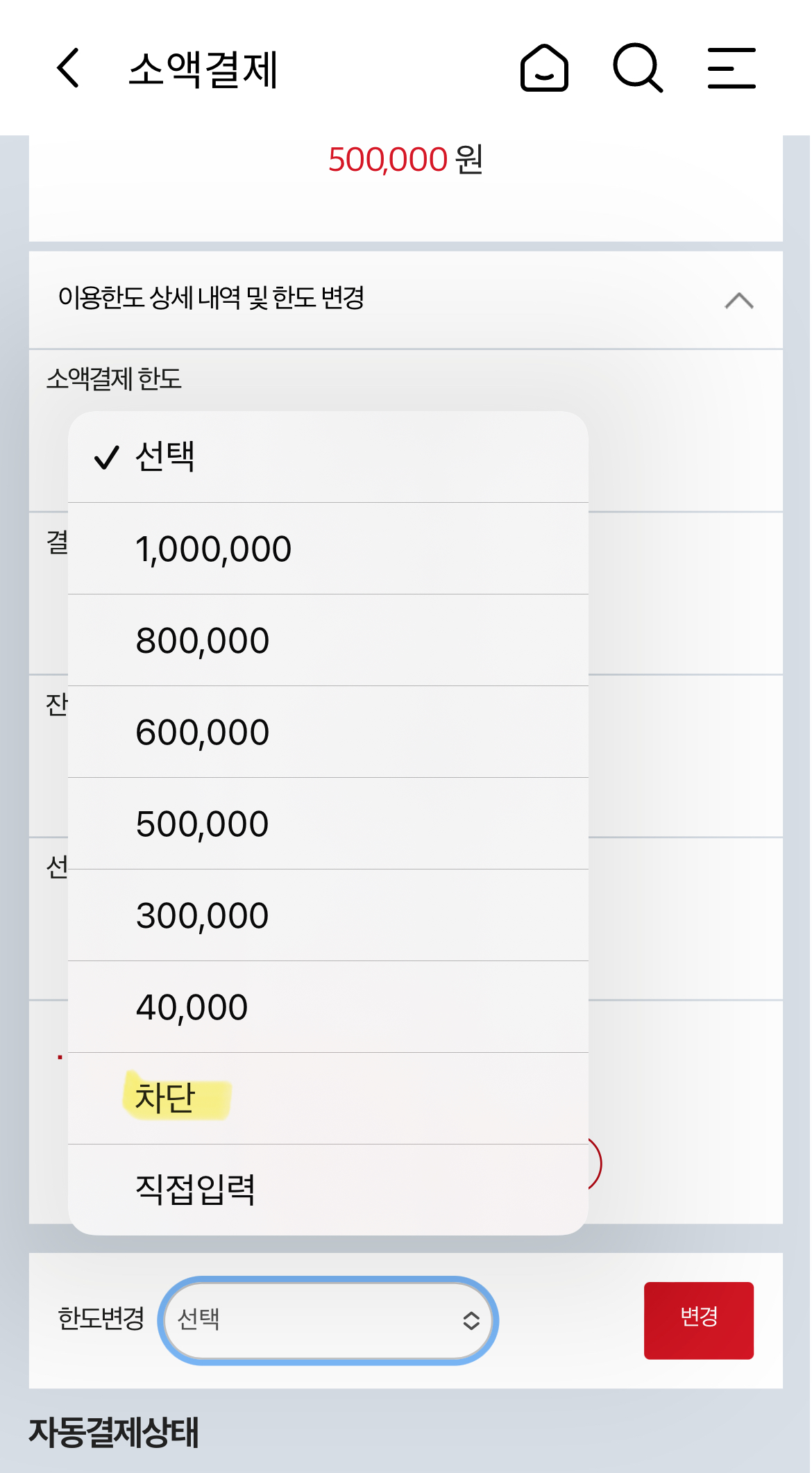 핸드폰 소액결제 이용한도 변경 화면