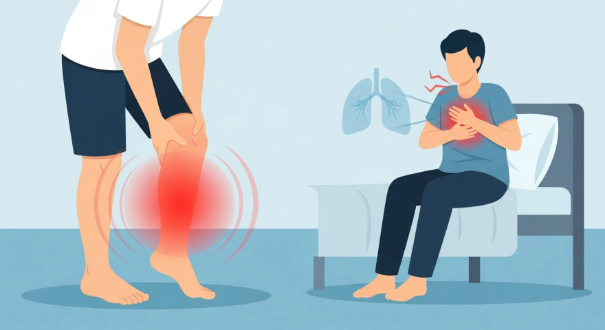 한쪽 다리 통증과 숨가쁨이 동반된 위험한 부종 신호 일러스트