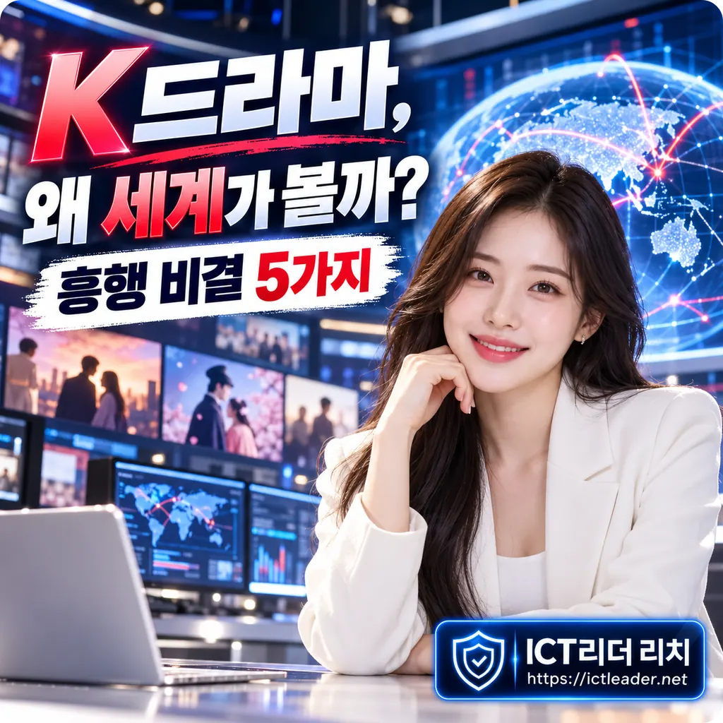 여성과 글로벌 영상 스튜디오를 배경으로 K드라마를 세계가 보는 이유와 흥행 비결 다섯 가지를 소개하는 썸네일