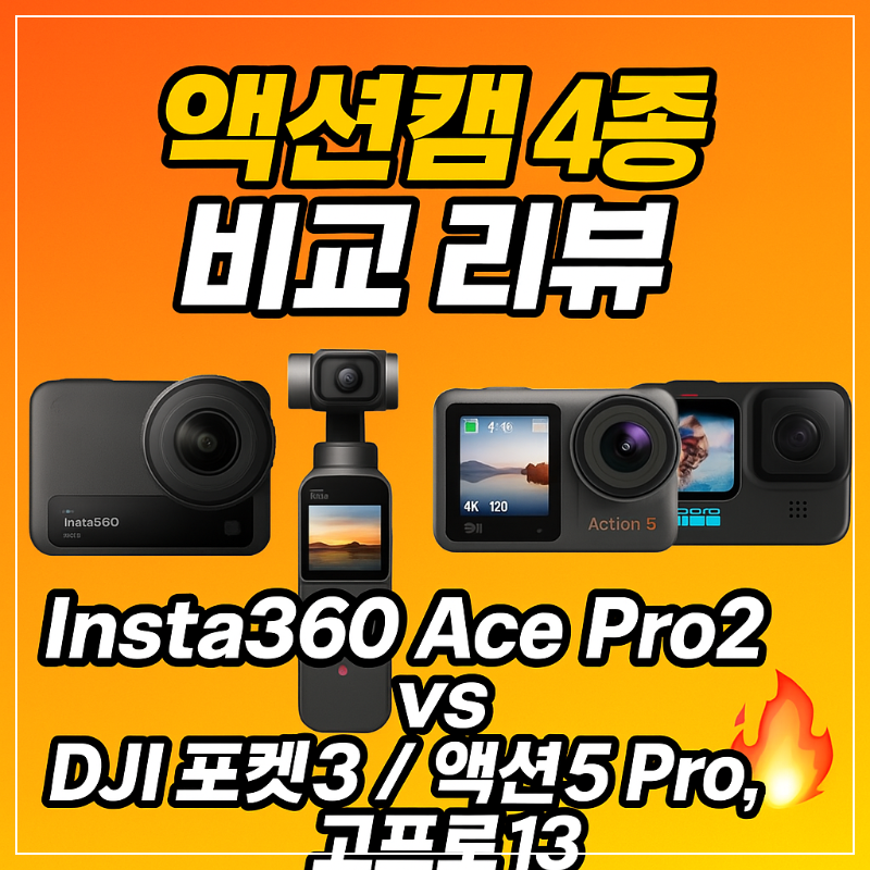 액션캠 4종 비교 리뷰 인스타360 Ace Pro2 vs DJI 포켓3액션5 Pro, 고프로13 완벽 비교 썸네일