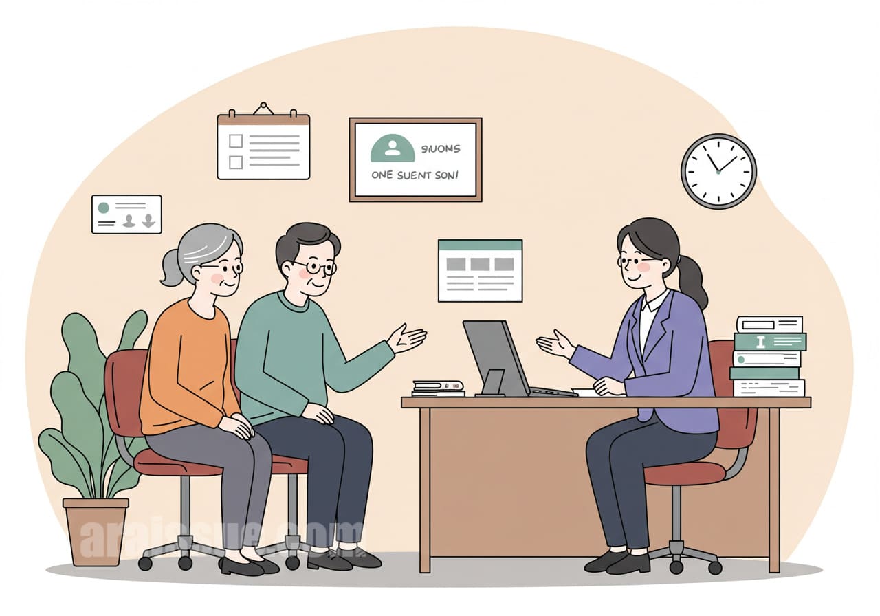 지자체 보건소에서 상담받는 노부부 일러스트