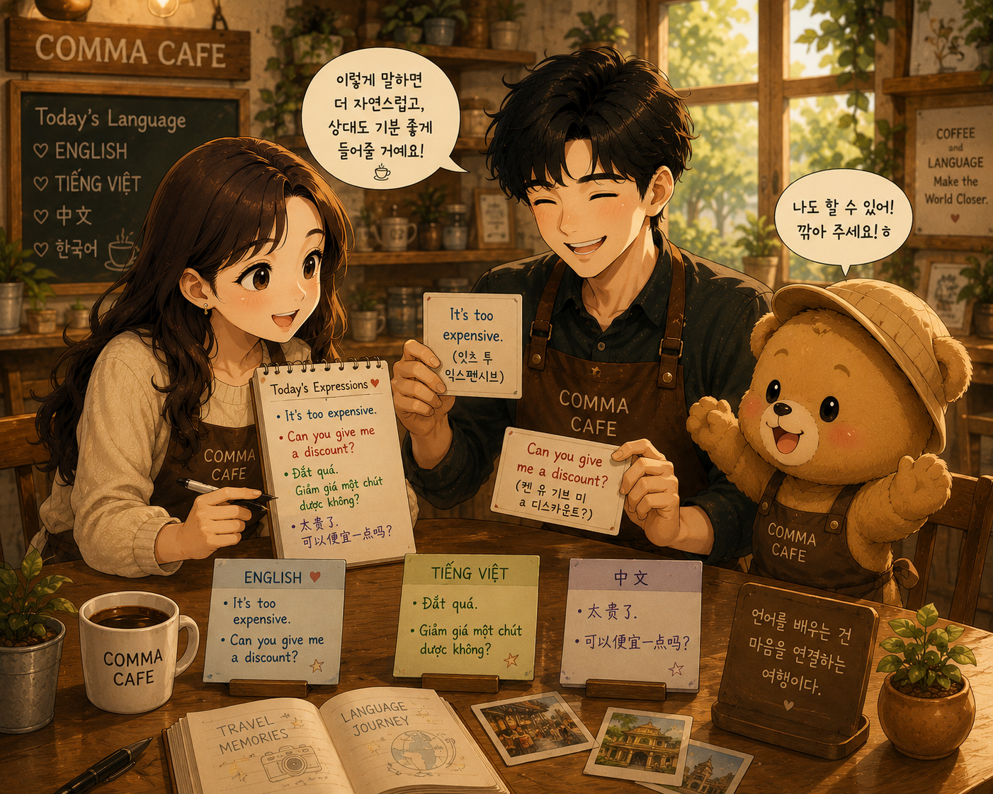 COMMA CAFE에서 푸름이 영어, 베트남어, 중국어 협상 표현을 알려주고 쉼표와 은돌이가 함께 따라 말하는 따뜻한 카페 장면