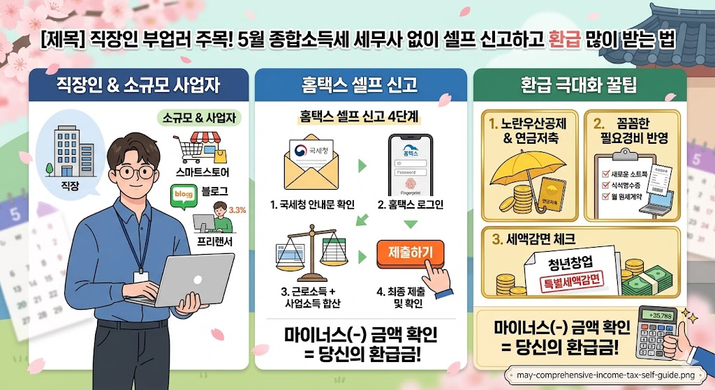 "직장인 부업러를 위한 5월 종합소득세 홈택스 셀프 신고 및 환급 많이 받는 법 안내 인포그래픽"