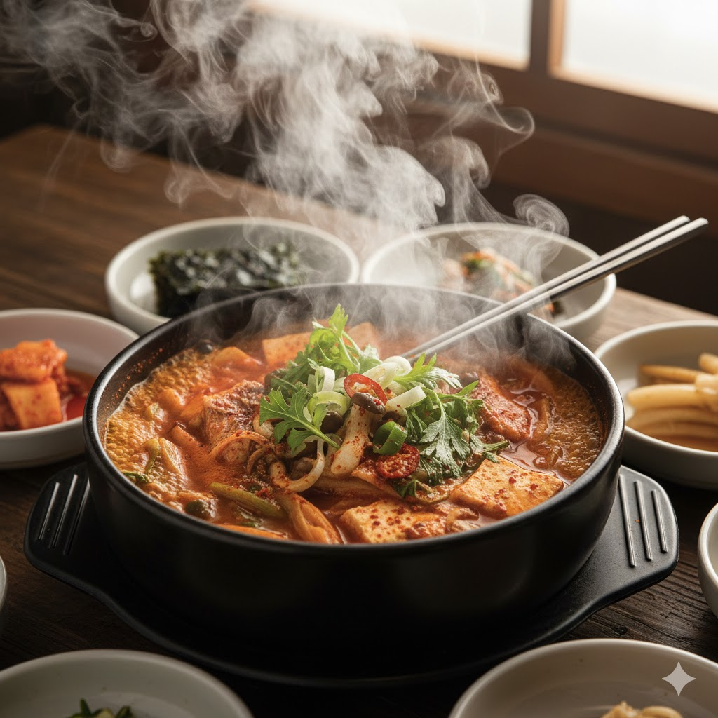 김이 모락모락 나는 매운 탕 요리 사진