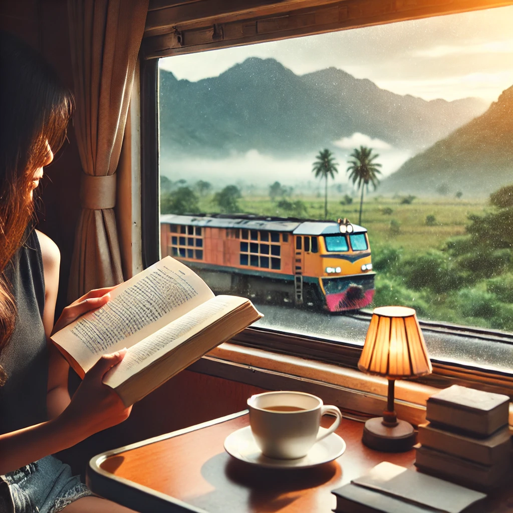 여행하면서 혼자 책읽고 있는 여자 사진