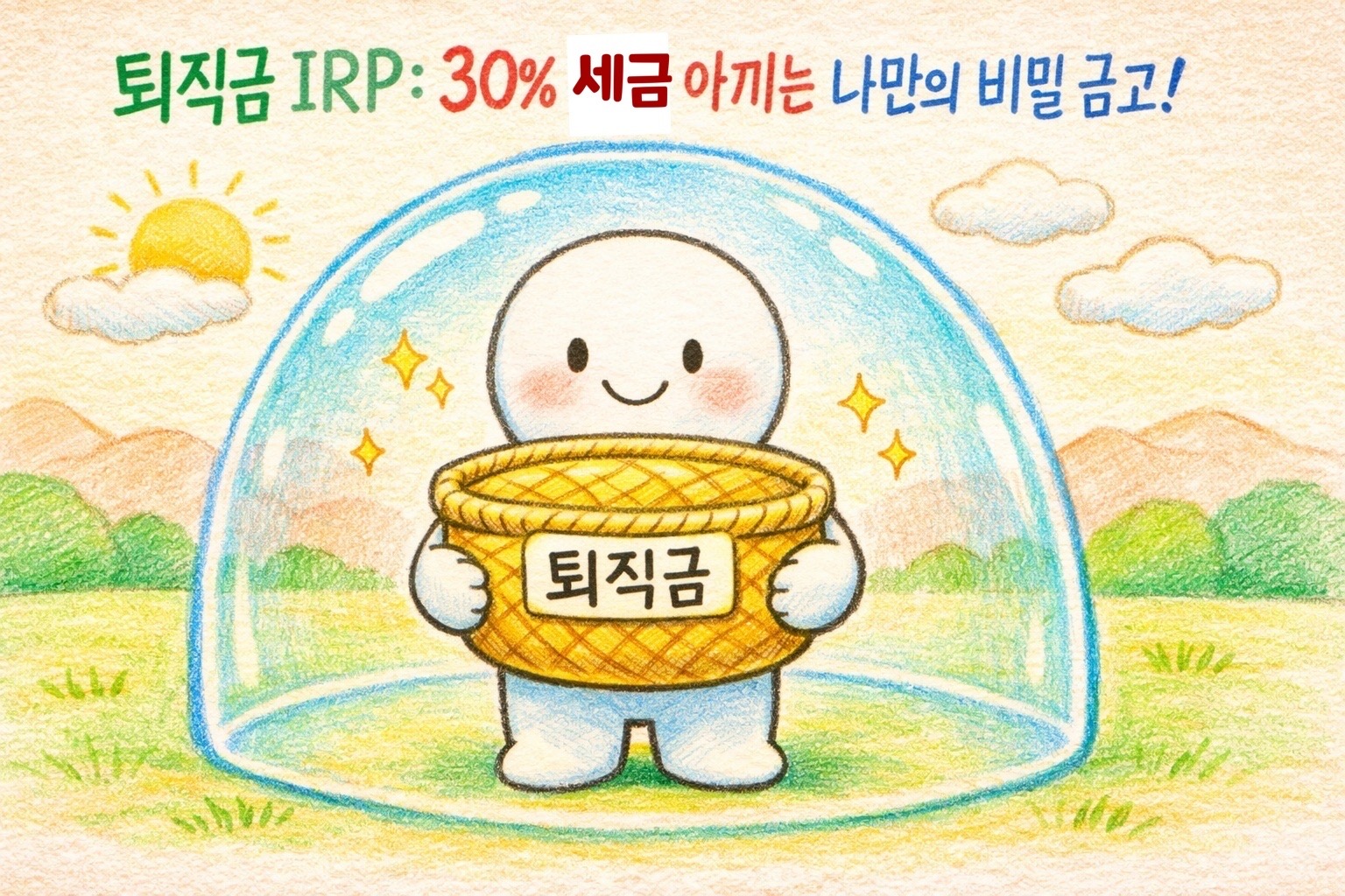 퇴직금 바구니를 소중히 들고 세금 보호막 아래 서 있는 인물의 색연필 일러스트