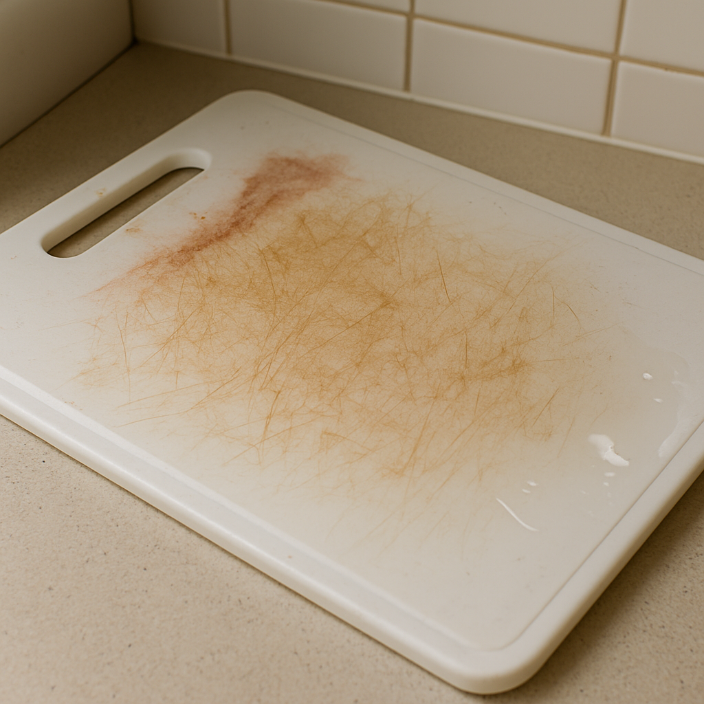 고기나 생선 등 조리 후 자국과 얼룩이 남아 있는 흰색 플라스틱 도마의 모습