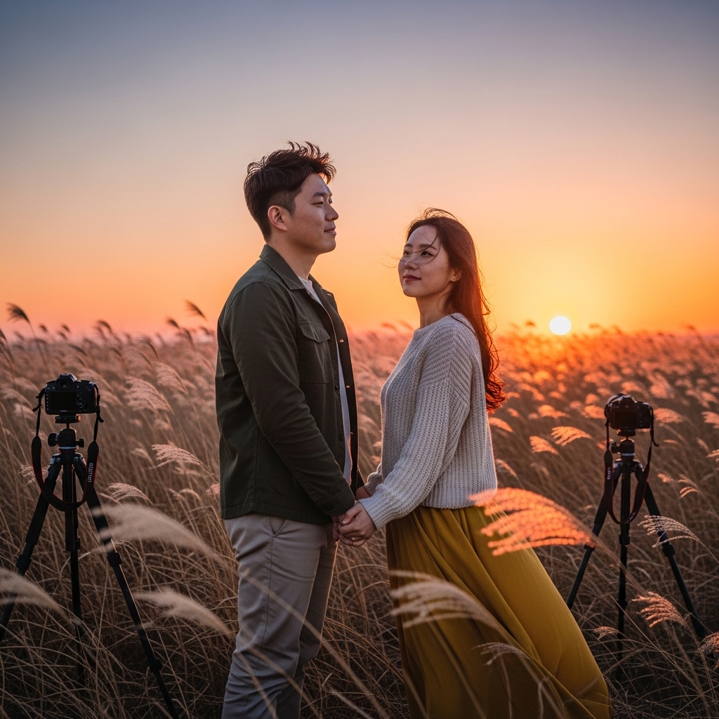 해질녘 황금빛 억새밭에서 손을 잡고 서서 삼각대와 카메라를 배경으로 노을을 바라보는 한국인 커플의 뒷모습. 로맨틱하고 평화로운 분위기입니다.. 한국인