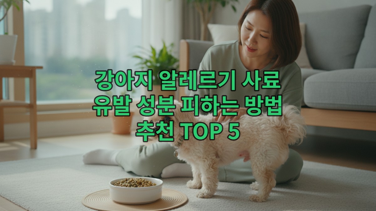 강아지 알레르기로 고민하는 한국인 보호자가 알레르기 사료를 앞에 두고 강아지를 돌보는 모습