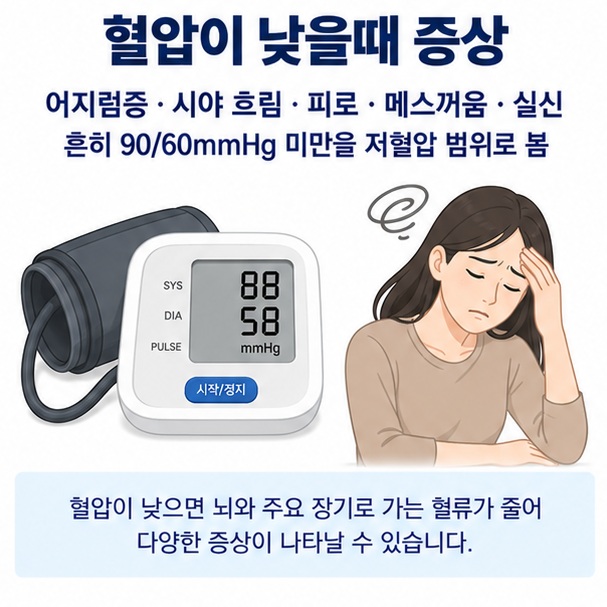 혈압이 낮을때 증상과 90에 60 이하 저혈압에서 어지럼증 시야흐림 피로 실신을 보여주는 의료 교육용 이미지