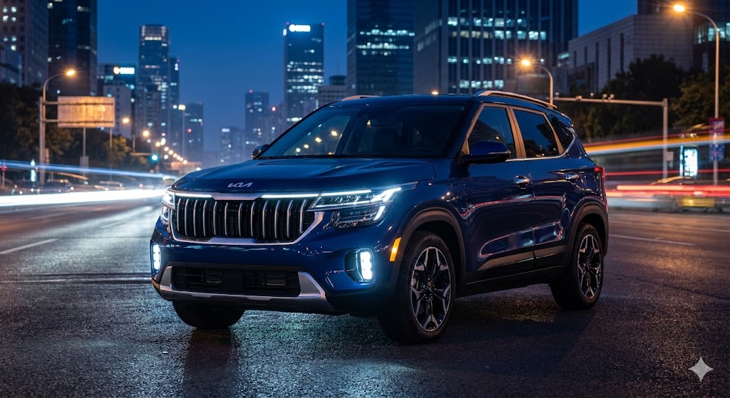 세련된 도시 배경에 주차된 2세대 신형 셀토스, 기존보다 웅장해진 차체 비율이 강조된 모습