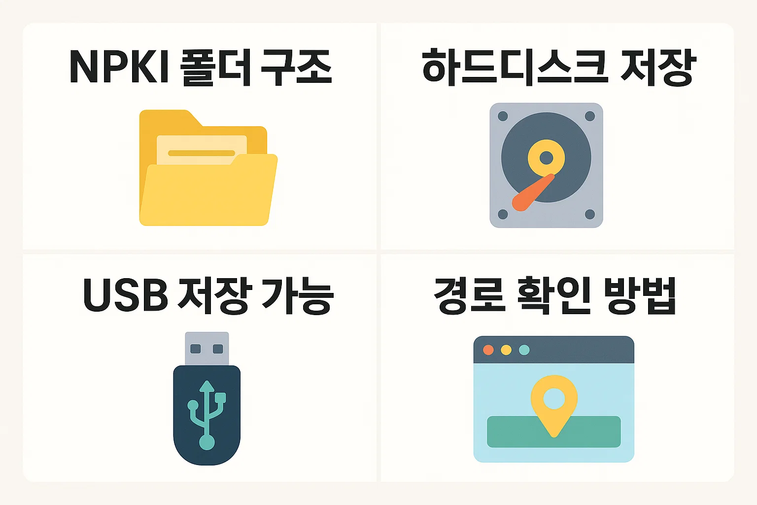 기업은행 공동인증서의 NPKI 폴더 구조, 하드디스크 및 USB 저장 가능 여부, 경로 확인 방법을 시각적으로 정리한 인포그래픽입니다.