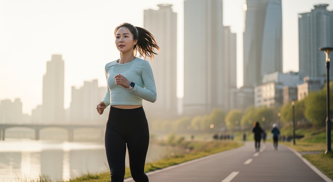 현대적인 한국 도시 강변에서 아침 조깅을 하는 30대 한국 여성의 스마트워치 착용 모습