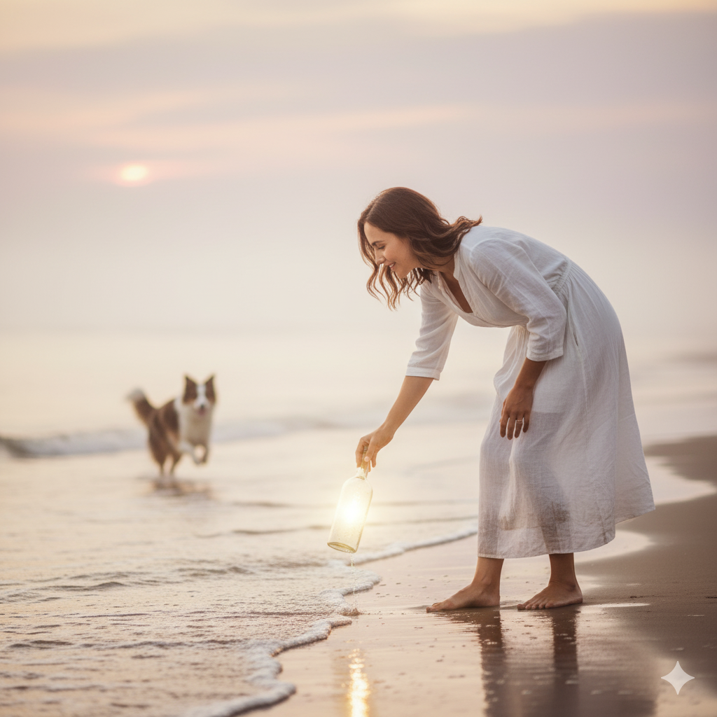 안개 낀 해변에서 여성이 '백링크'를 상징하는 유리병을 발견하는 모습