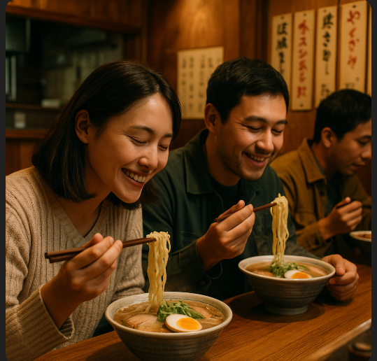 라멘을 맛있게 먹고있는 사람들 표정이 밝다