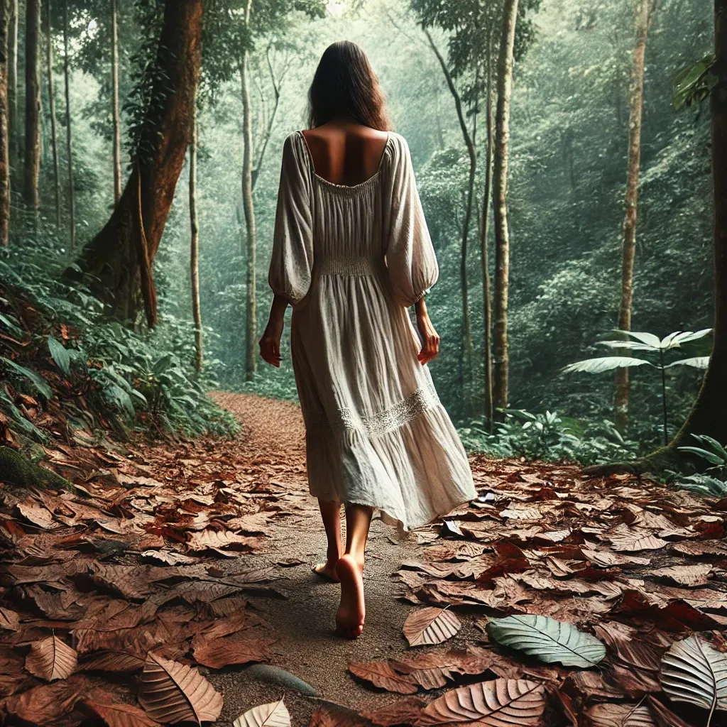 낙엽이 깔린 숲 속 길을 맨발로 걷고 있는 여성. 그녀의 옷은 자연스럽게 흘러내리며 주변의 흙빛과 어우러진다. 고요한 분위기 속에서 여성은 자연과 조화를 이루며 평온하게 숲을 거닌다.