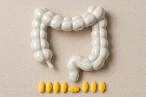 하얀색 장 모형과 노란색 정제 약이 나란히 놓인 장염 관련 상징적 이미지