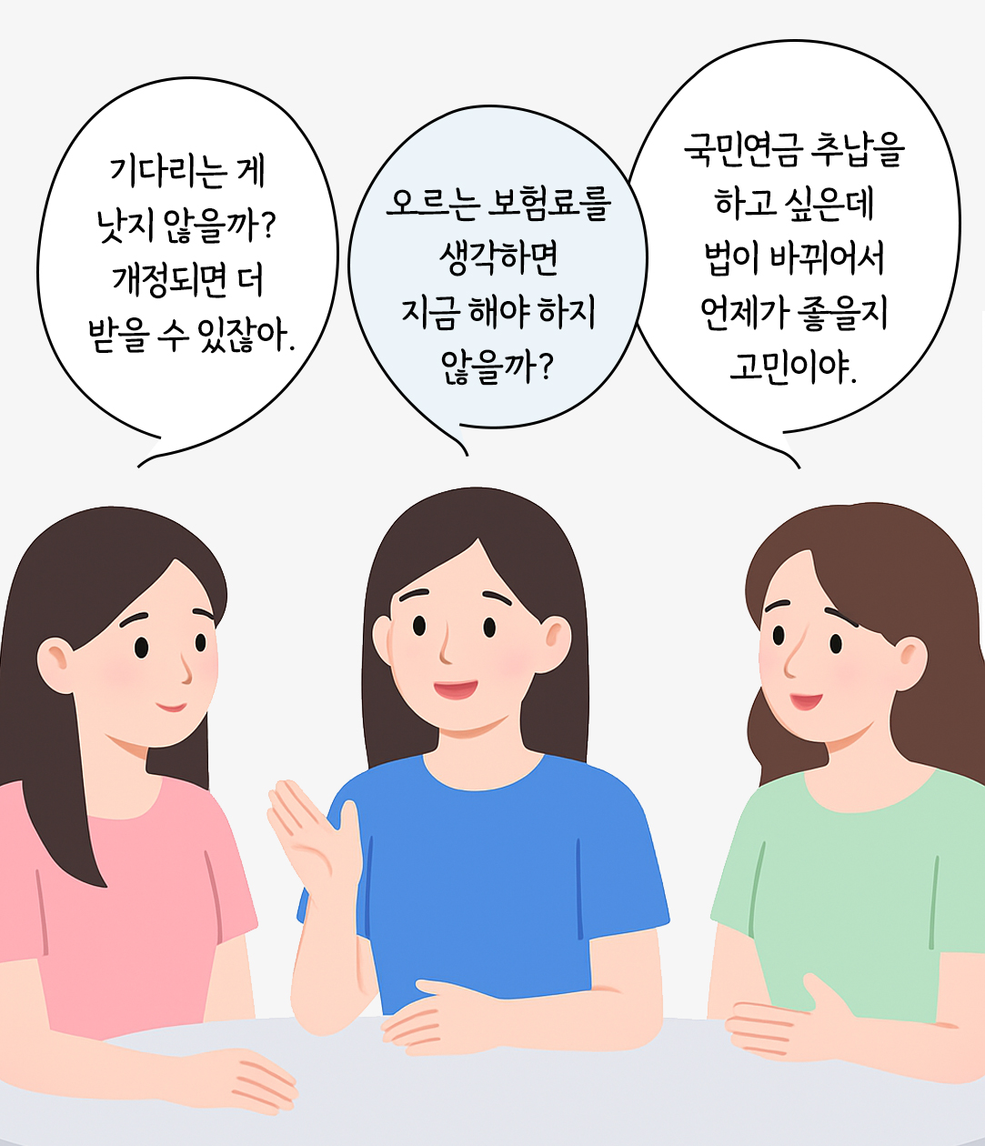#국민연금 추납 시기에 대해 이야기하고 있는 세 명의 여자