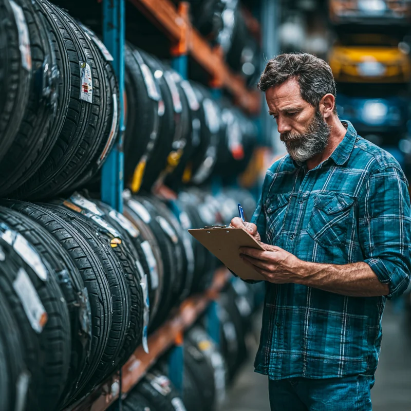 밝은 자동차 매장에서 실제 소비자가 2025년 타이어 신제품을 직접 비교 검사하며 성능, 가격, 사용자 후기를 체험하는 장면에 실사용 후기, 타이어 실구매, 가성비, 매장 비교 키워드가 포함