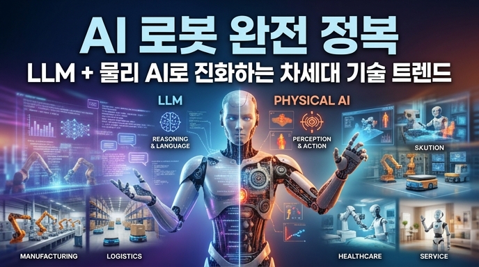 A cinematic visualization of an advanced humanoid robot integrating LLM and physical AI, with holographic data streams and multi-industry applications, perfect for understanding the next-generation AI robot trends.
