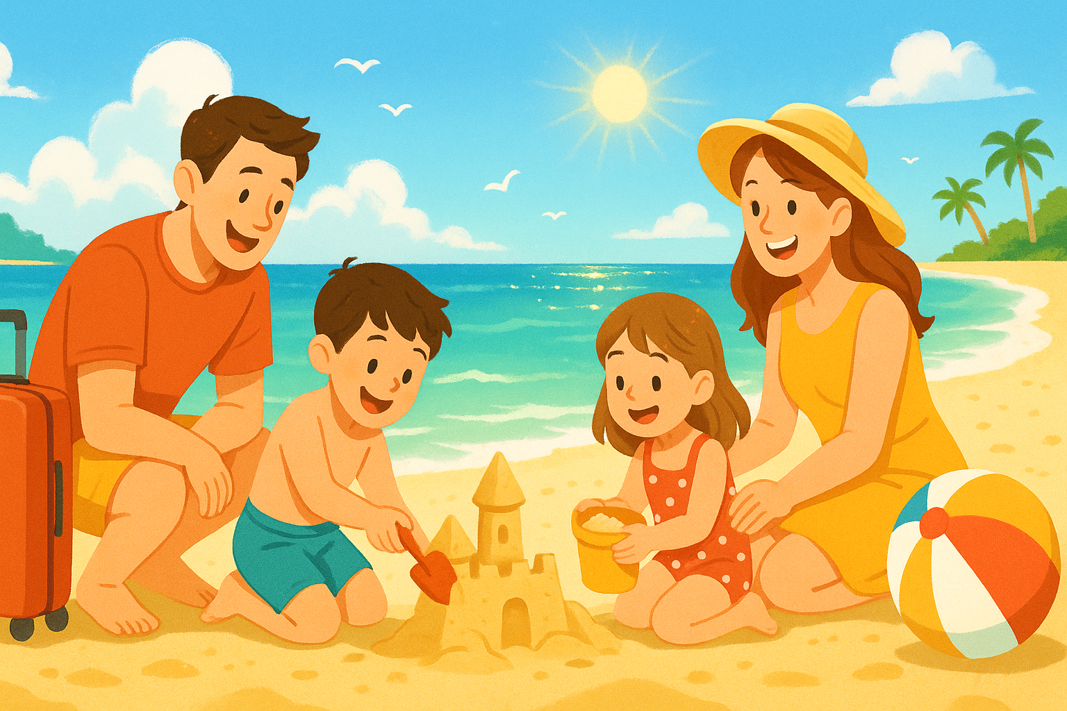 행복한 가족이 여름 바다에서 함께 물놀이를 즐기는 모습