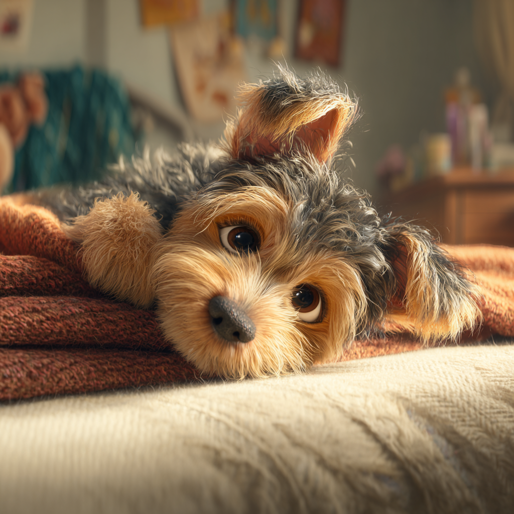 귀여운강아지가 포근한 이불위에 누워있는 픽사형 일러스트