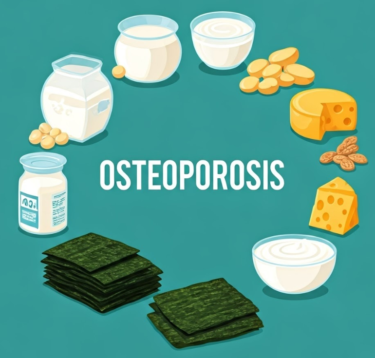 골다공증 의학용어와 유제품, 두유, 해조류 음식 그림