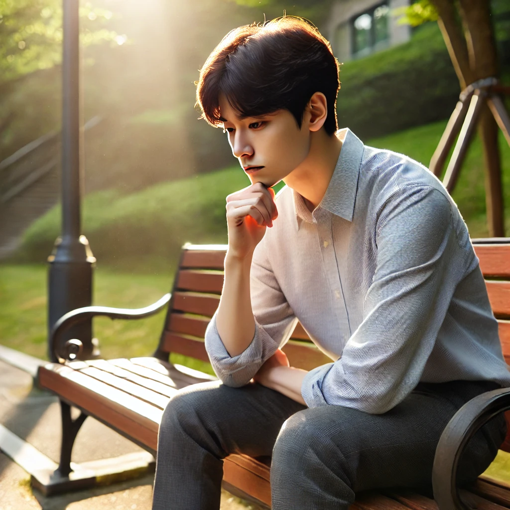 공원 벤치에 앉아 실패를 반성하며 사색에 잠긴 젊은 남성