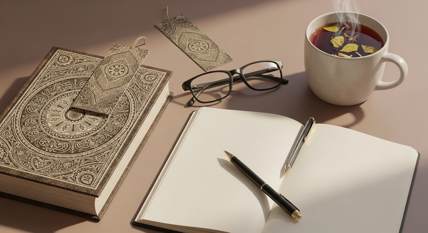 독서 습관을 시작하기 위한 아이템들(책, 북마크, 찻잔, 안경, 노트)이 따뜻한 느낌으로 정돈되어 있다.