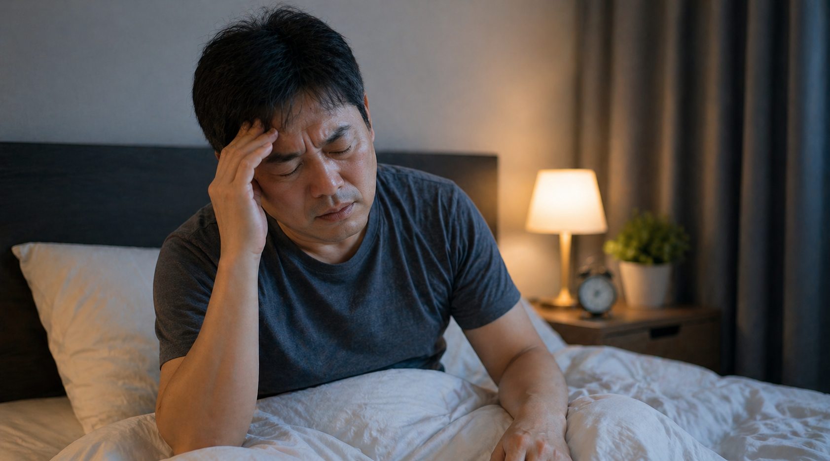 아침에 일어나 머리를 짚으며 피로를 느끼는 중년 남성 모습