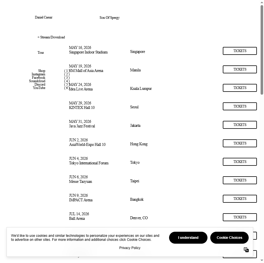 다니엘 시저 Son of Spergy 월드투어 일정 공식