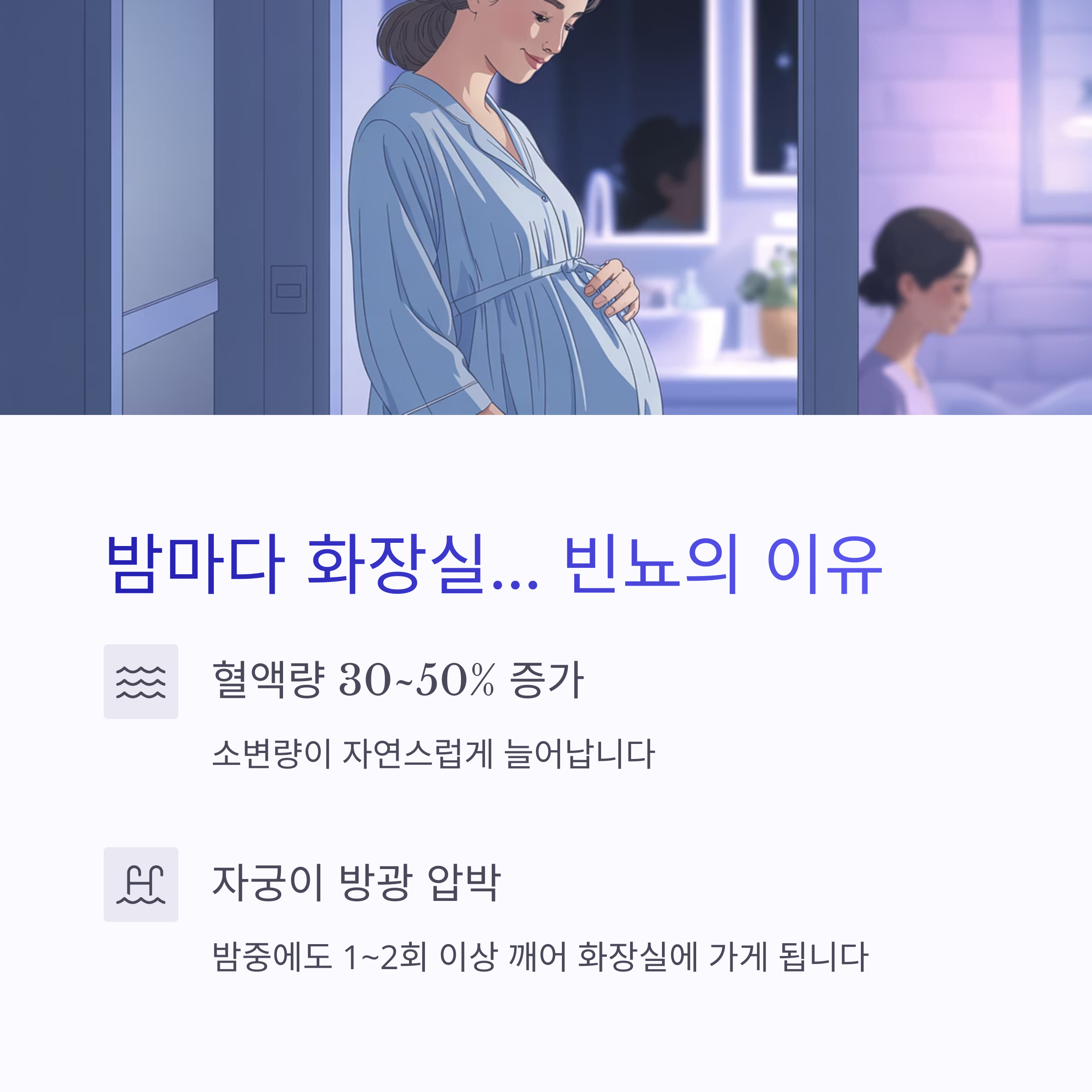 임산부가 밤마다 화장실에 자주 가게 되는 이유로 혈액량 증가와 자궁의 방광 압박 설명 인포그래픽