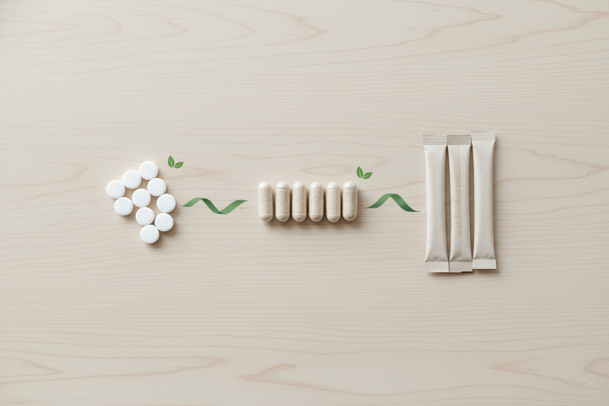 정제, 캡슐, 가루 스틱 세 가지 형태의 유산균을 나란히 놓고 비교하는 장면