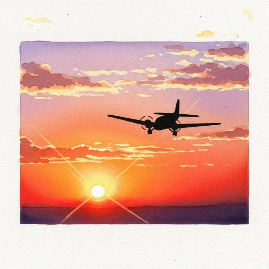 노을 지는 하늘을 배경으로 비행하는 항공기