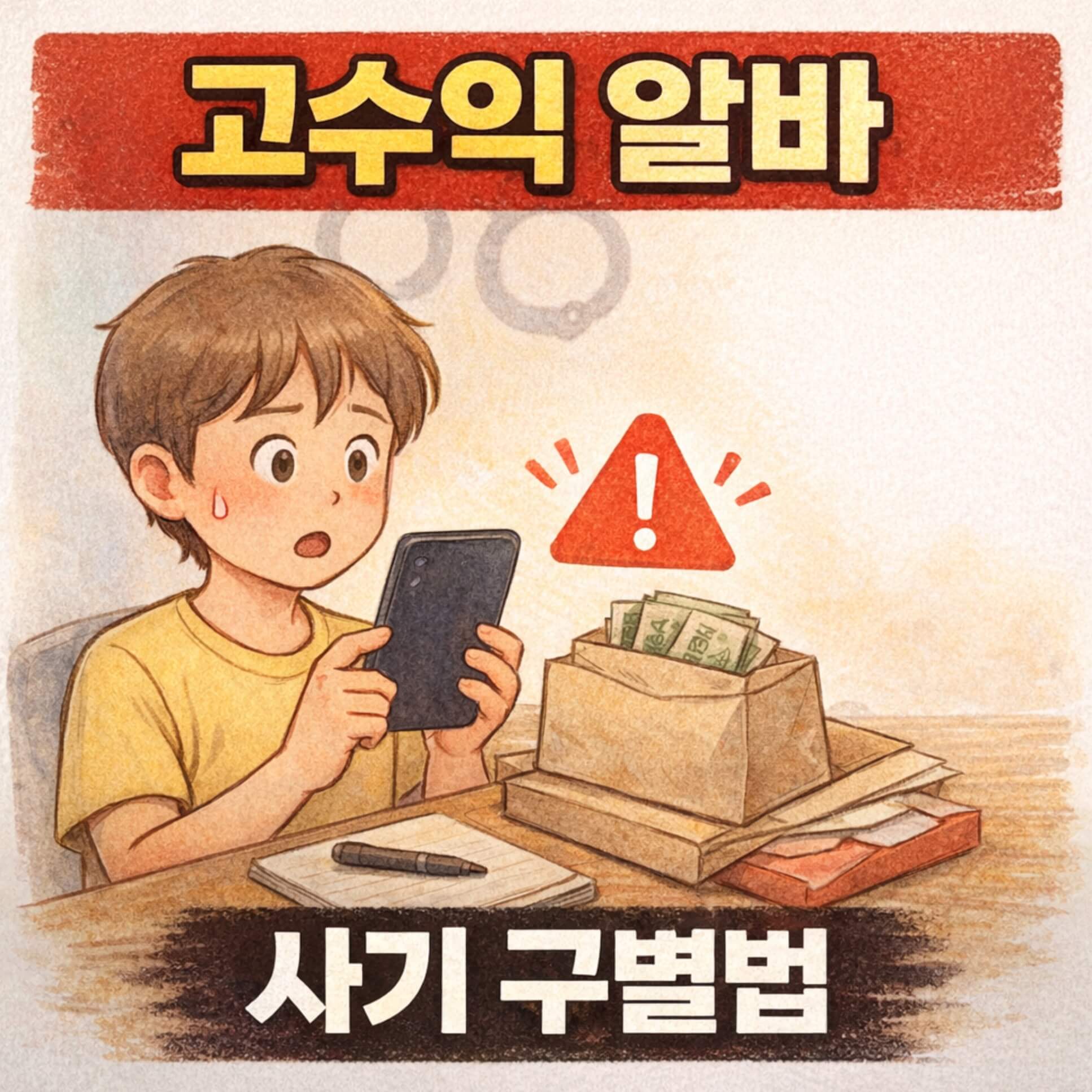 고수익 알바 사기의 위험과 구별법을 경고하는 장면, 청년이 스마트폰과 현금 봉투를 보며 당황하는 모습
