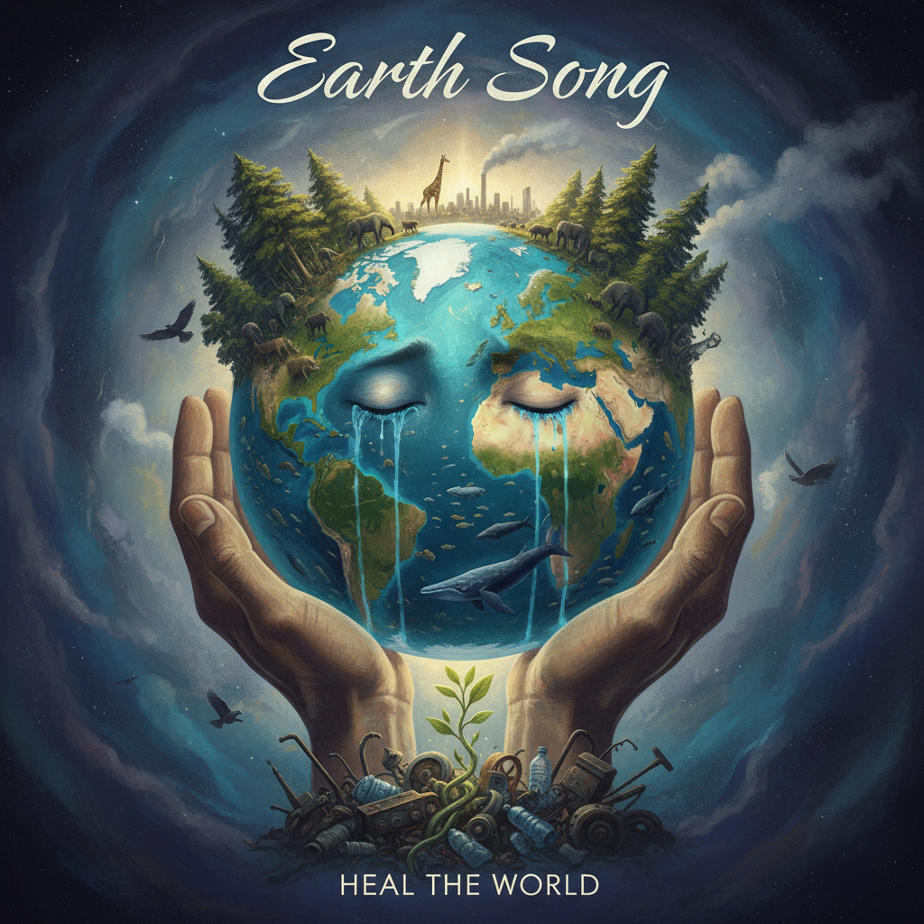 푸른 지구를 감싸 안은 손과 그 위로 돋아나는 작은 새싹 이미지