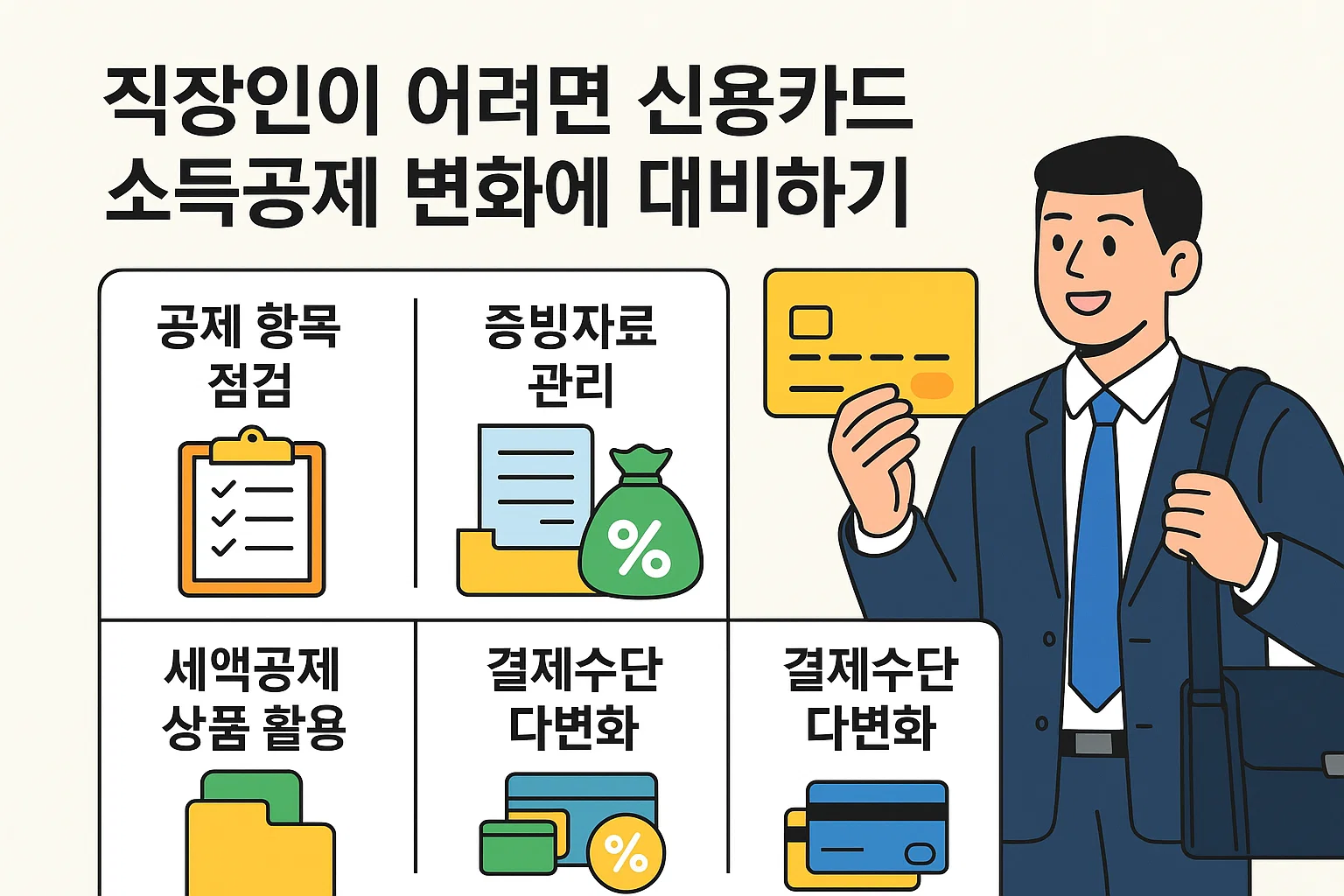 신용카드 소득공제 제도 변화에 직장인이 어떻게 대비해야 하는지를 설명하는 인포그래픽으로, 공제항목 점검, 증빙자료 관리, 세액공제 상품 활용, 결제수단 다변화 등 실질적인 절세 전략을 제시한 이미지입니다.