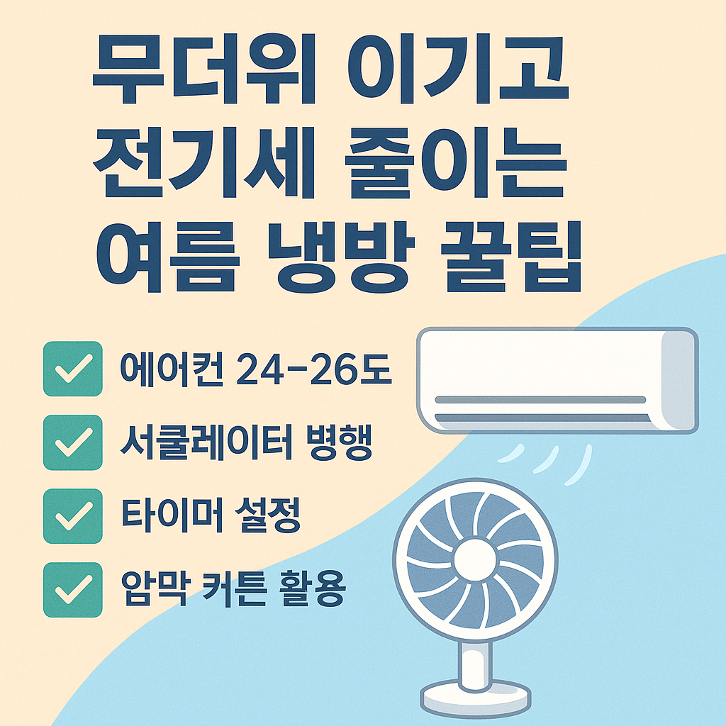 “무더위 이기고 전기세 줄이는 여름 냉방 꿀팁”이라는 제목이 적힌 인포그래픽. 왼쪽에는 에어컨 24~26도, 서큘레이터 병행, 타이머 설정, 암막 커튼 활용 등의 팁이 체크박스로 정리되어 있으며, 오른쪽에는 에어컨과 서큘레이터 일러스트가 배치되어 있음. 전체적으로 베이지와 하늘색 배경의 여름 느낌 디자인.