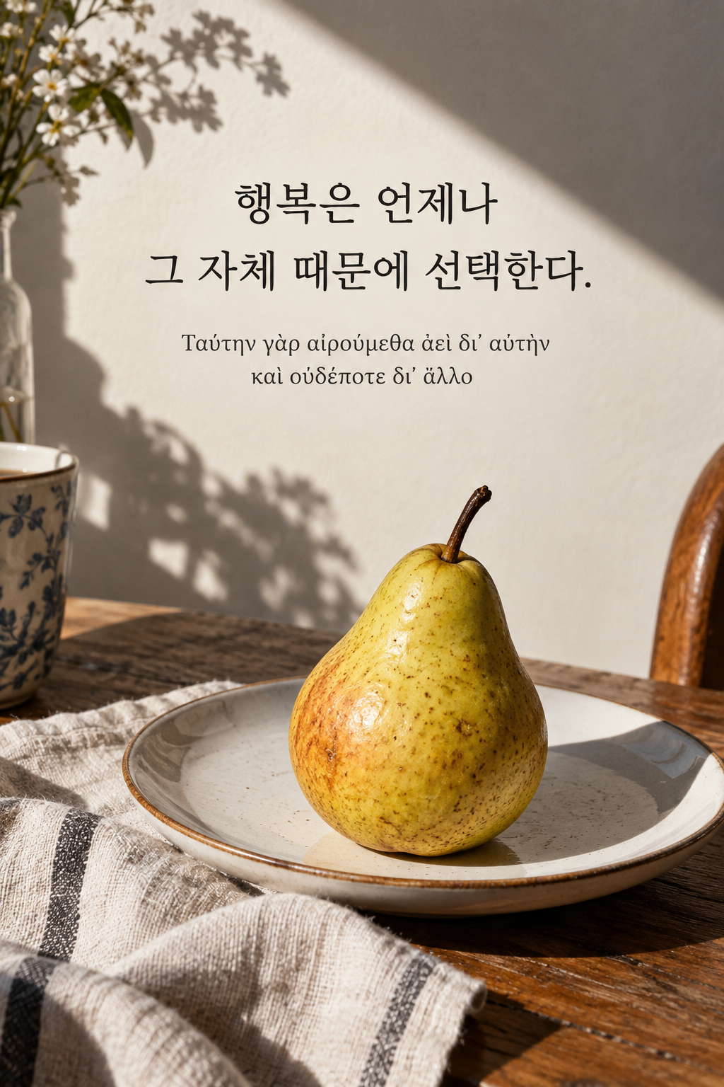 아리스토텔레스 명언 6 — 행복은 언제나 그 자체 때문에 선택한다. — 온카메라 플래시 스냅