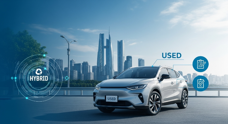 2025년 중고 하이브리드 SUV가 도심 속 친환경 주차장에 세워진 모습, 세제 혜택과 스마트한 구매를 상징하는 시각적 요소가 결합된 이미지