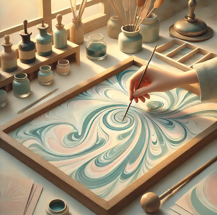 파스텔 잉크를 저어 무늬 만드는 장면