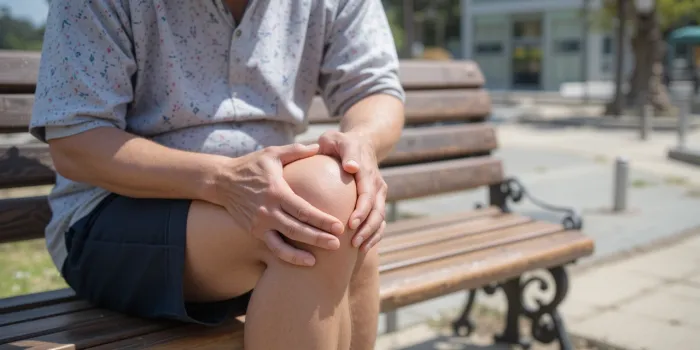벤치에 앉아 무릎 안쪽을 손으로 누르며 불편함을 느끼는 모습