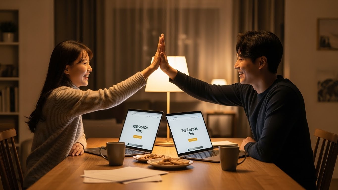 부부 중복 청약이 가능해짐에 따라 각자 청약을 신청하며 기뻐하는 한국인 부부