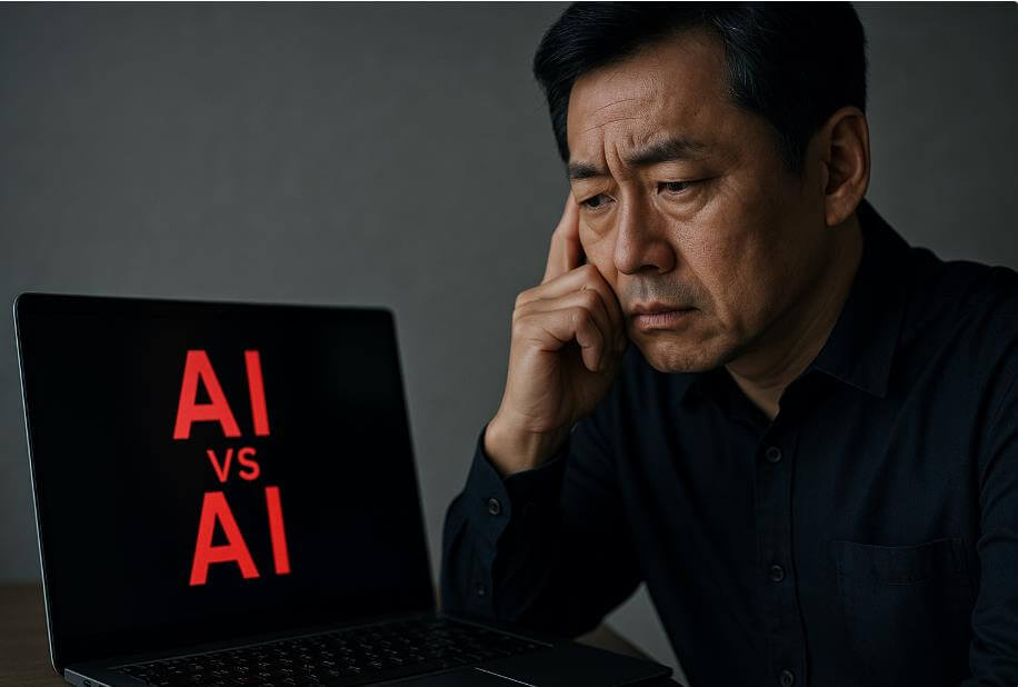 노트북 화면에 “AI vs AI” 경고 문구가 떠 있고, 투자자가 깊이 고민하는 모습